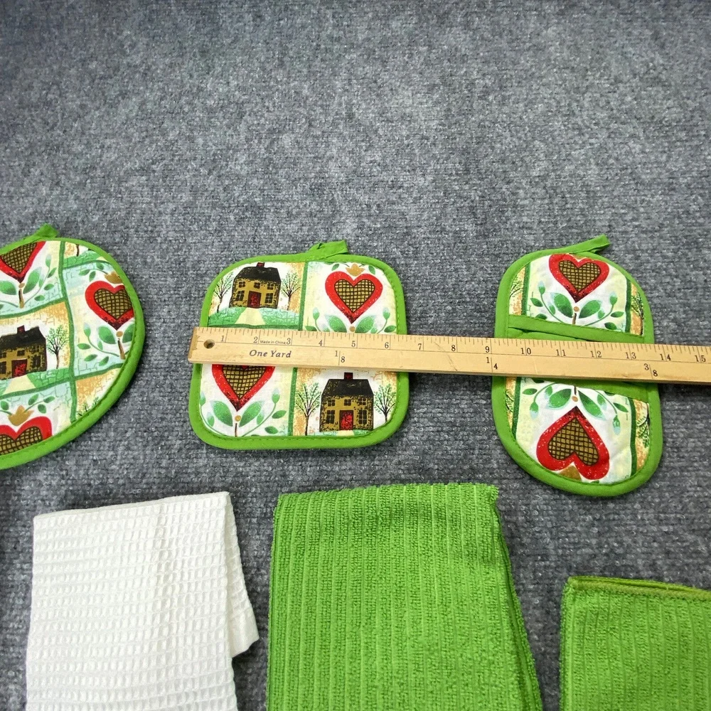 Kitchen Towel Set 7 Pc Green Heart House Print‎ Oven Mitts Potholders Farmhouse